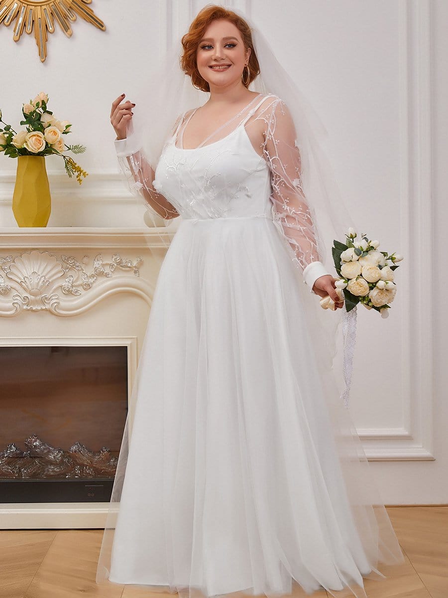 Plus Size A-Line Tulle Wedding Dress With Long Sleeves #color_Cream Plus Size A-Line Tulle Wedding Dress with Long Sleeves