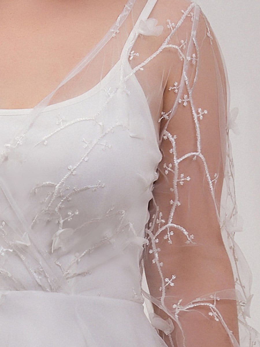Plus Size A-Line Tulle Wedding Dress With Long Sleeves #color_Cream Plus Size A-Line Tulle Wedding Dress with Long Sleeves