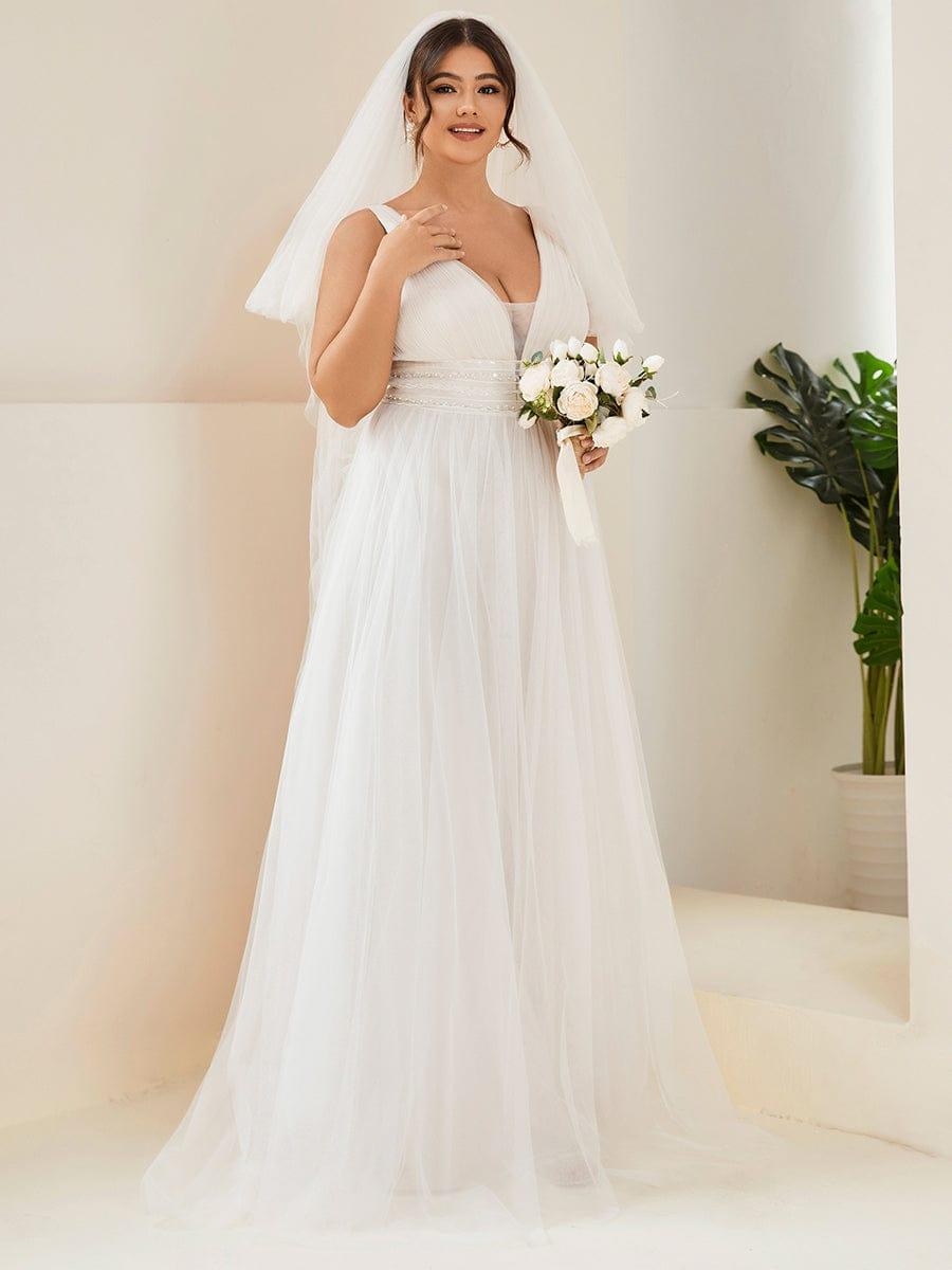 Plus Size Sleeveless Deep V Low Back Long Wedding Dress