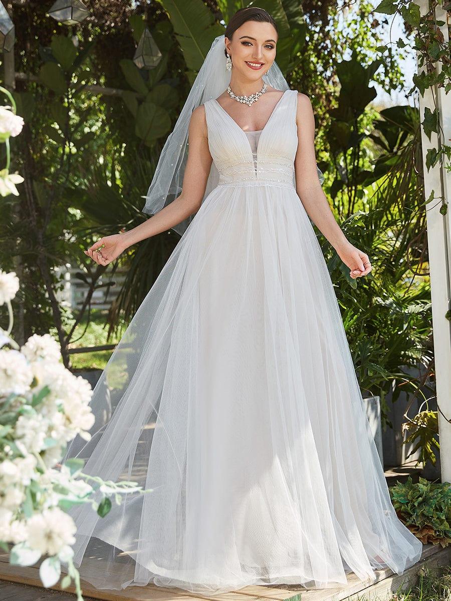 Sleeveless Deep V Low Back Long Wedding Dress #color_Ivory