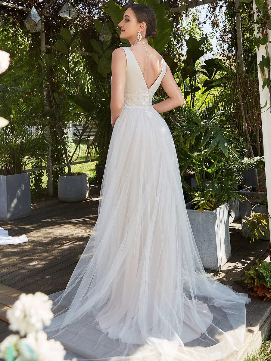 Sleeveless Deep V Low Back Long Wedding Dress #color_Ivory
