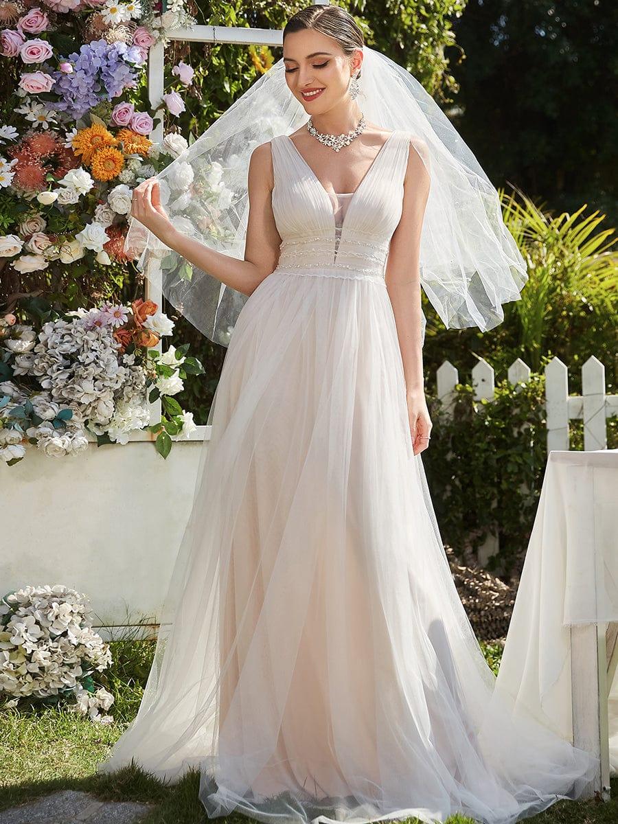 Sleeveless Deep V Low Back Long Wedding Dress #color_Ivory