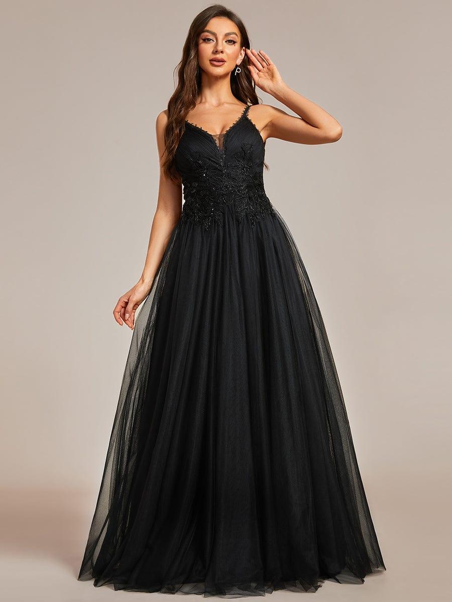 Spaghetti Strap Embroidered V-Neck A-Line Wedding Dress #color_Black