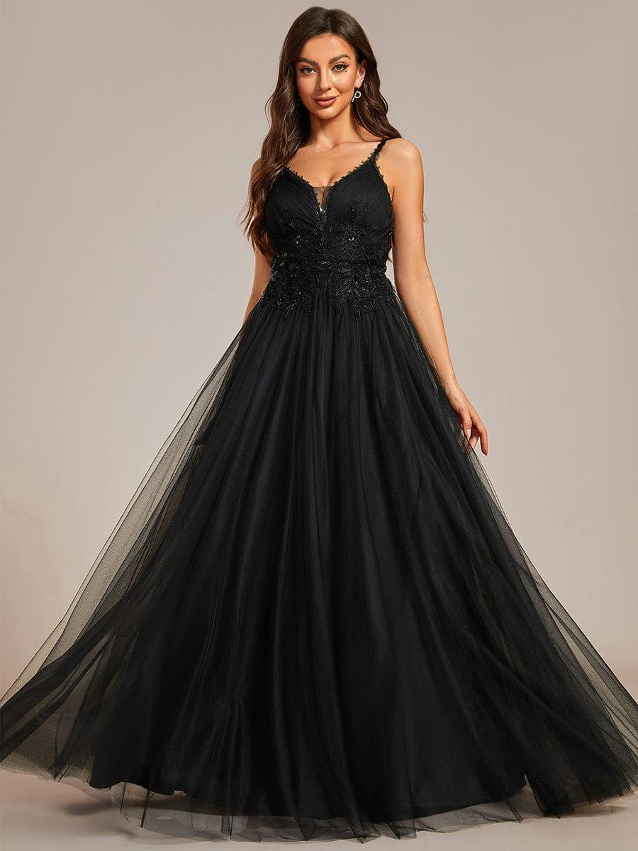 Spaghetti Strap Embroidered V-Neck A-Line Wedding Dress #color_Black