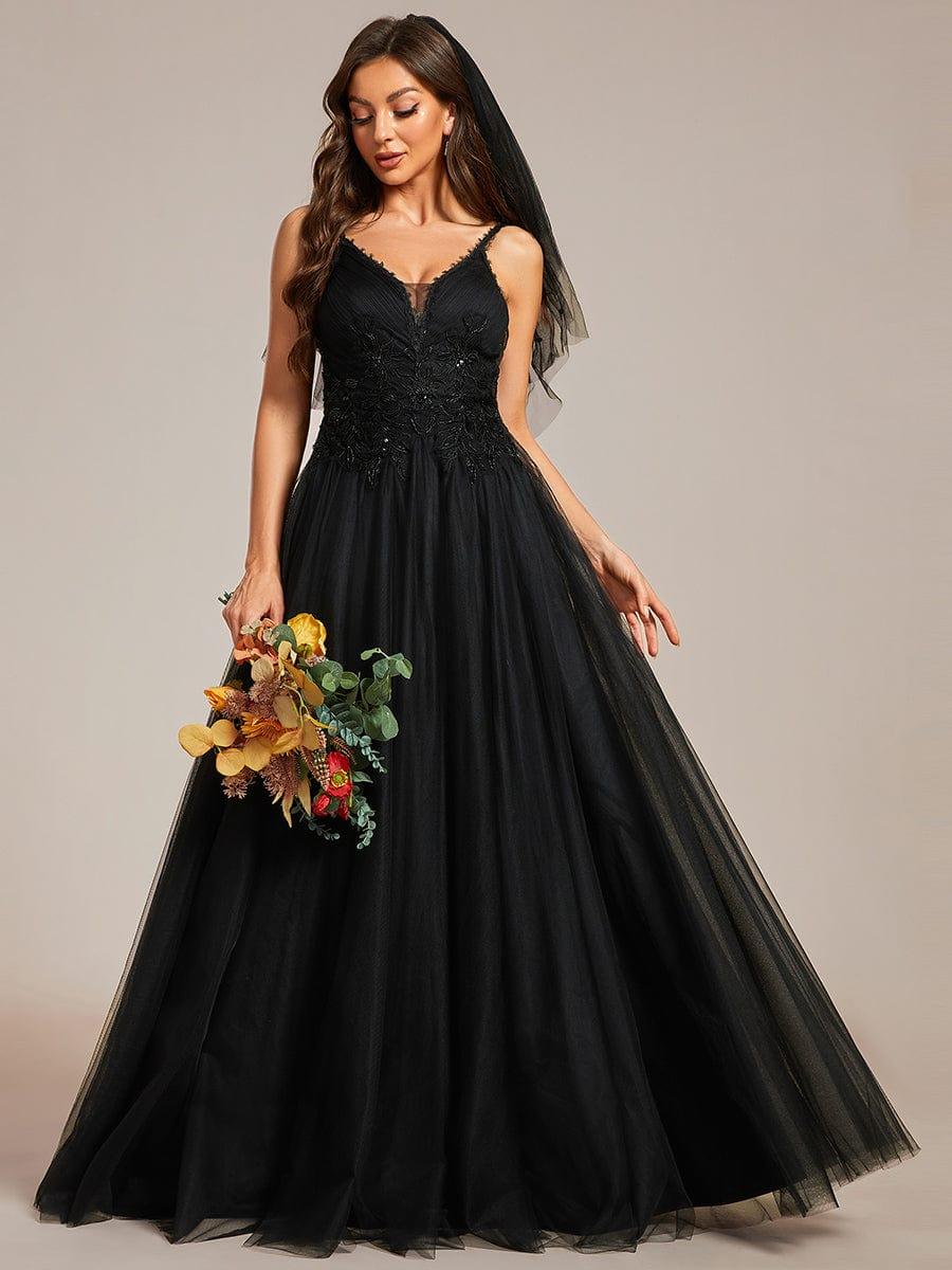 Spaghetti Strap Embroidered V-Neck A-Line Wedding Dress #color_Black