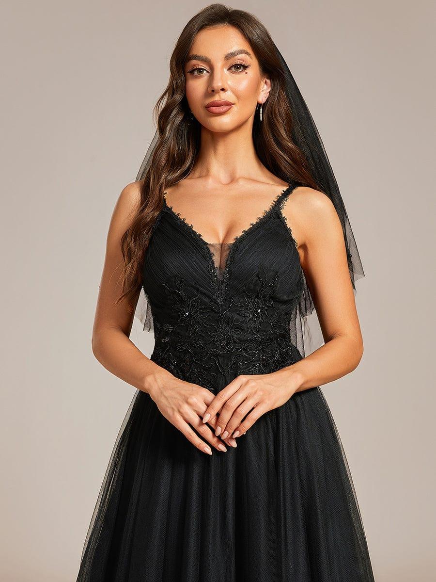Spaghetti Strap Embroidered V-Neck A-Line Wedding Dress #color_Black