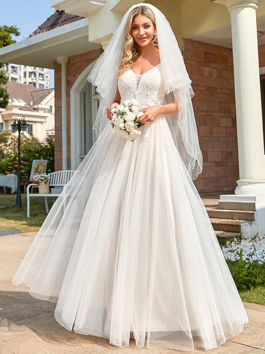 Spaghetti Strap Embroidered V-Neck A-Line Wedding Dress #color_Ivory