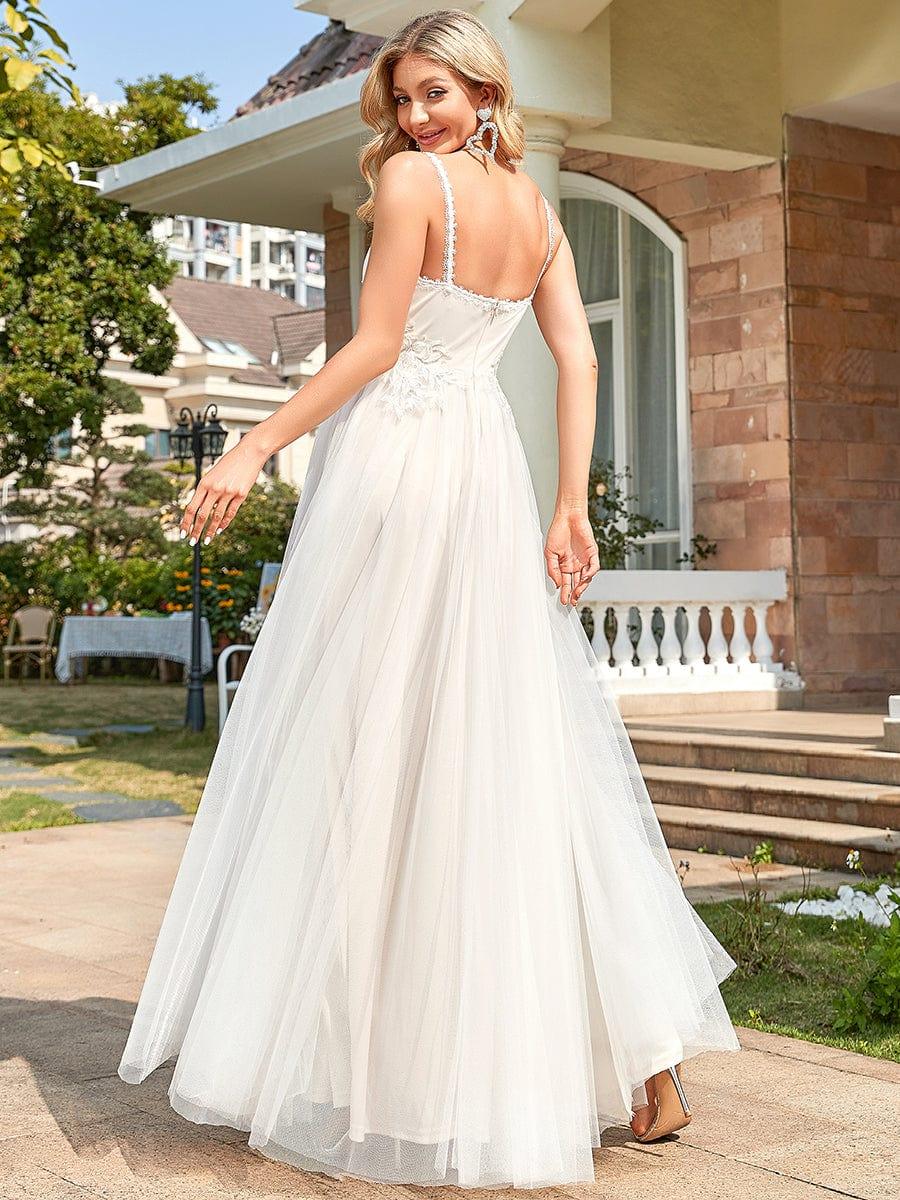 Spaghetti Strap Embroidered V-Neck A-Line Wedding Dress #color_Ivory