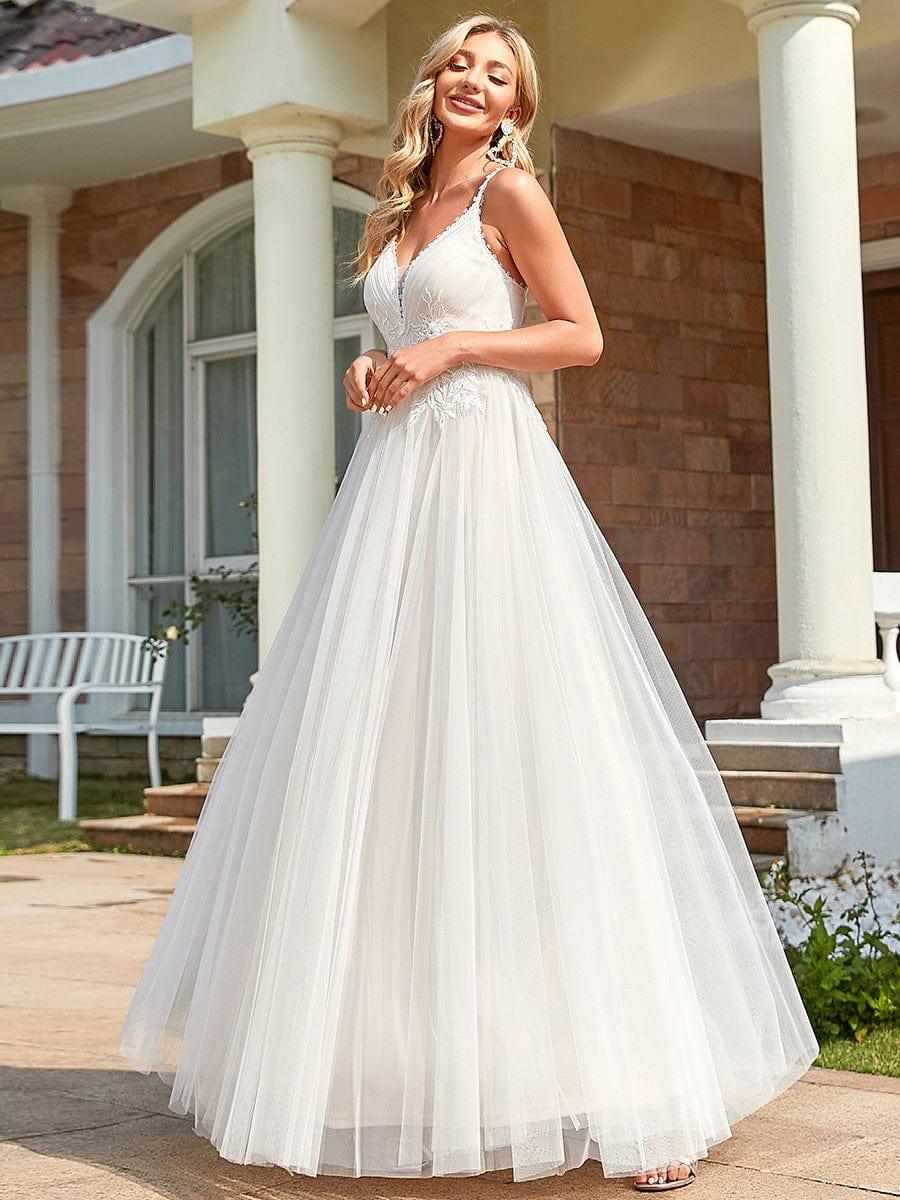 Spaghetti Strap Embroidered V-Neck A-Line Wedding Dress #color_Ivory