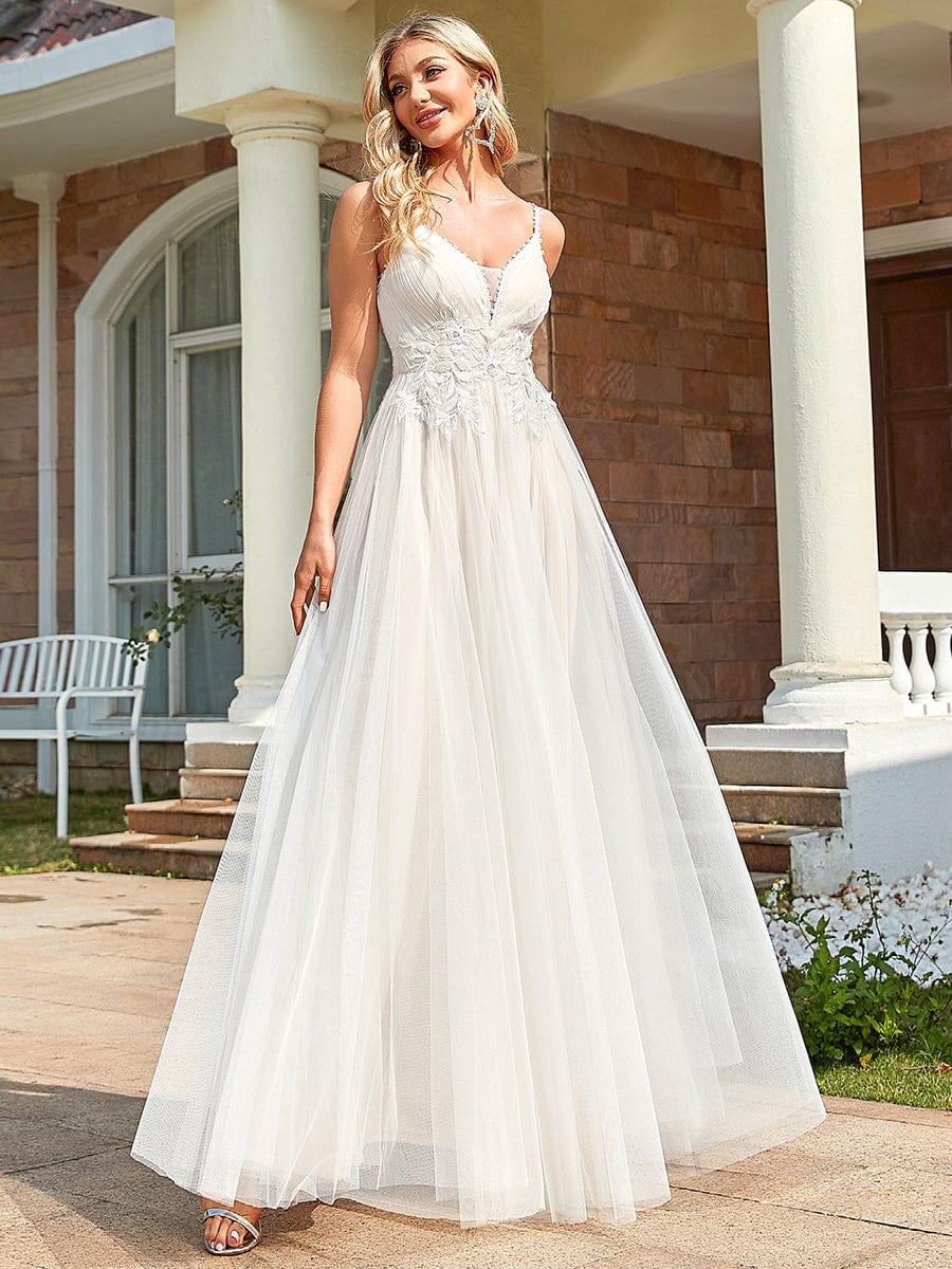 Spaghetti Strap Embroidered V-Neck A-Line Wedding Dress #color_Ivory