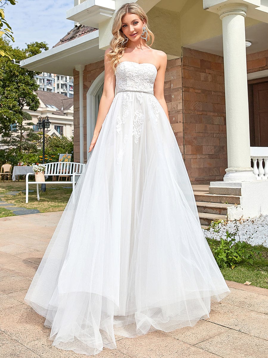 Sequin Belted Strapless Sweetheart Lace Tulle Wedding Dress #color_White Sequin Belted Strapless Sweetheart Lace Tulle Wedding Dress