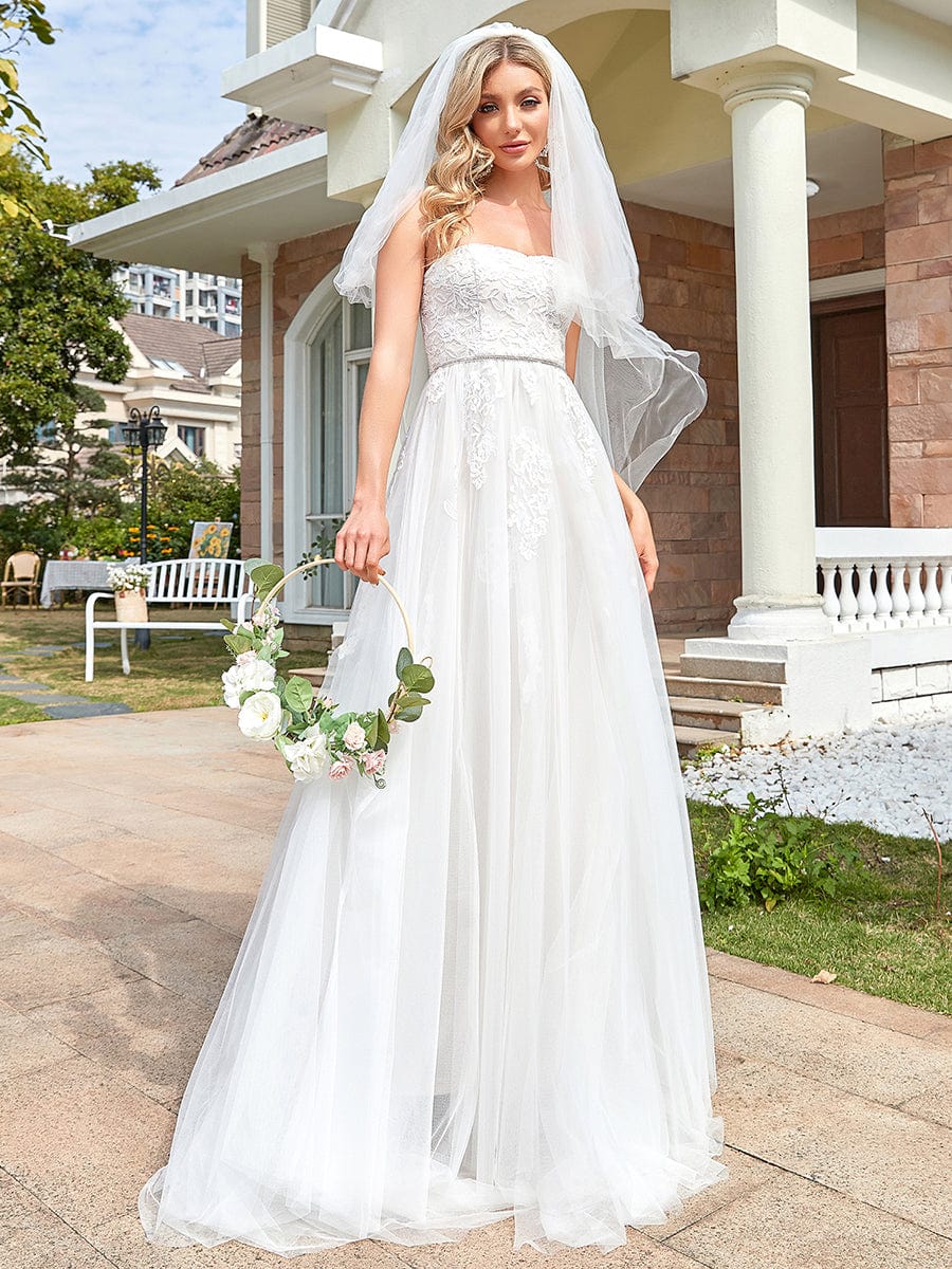 Sequin Belted Strapless Sweetheart Lace Tulle Wedding Dress #color_White Sequin Belted Strapless Sweetheart Lace Tulle Wedding Dress
