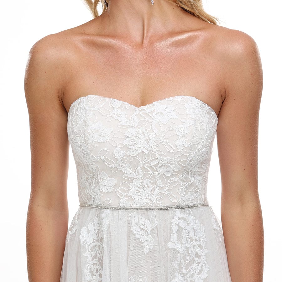 Sequin Belted Strapless Sweetheart Lace Tulle Wedding Dress #color_White Sequin Belted Strapless Sweetheart Lace Tulle Wedding Dress