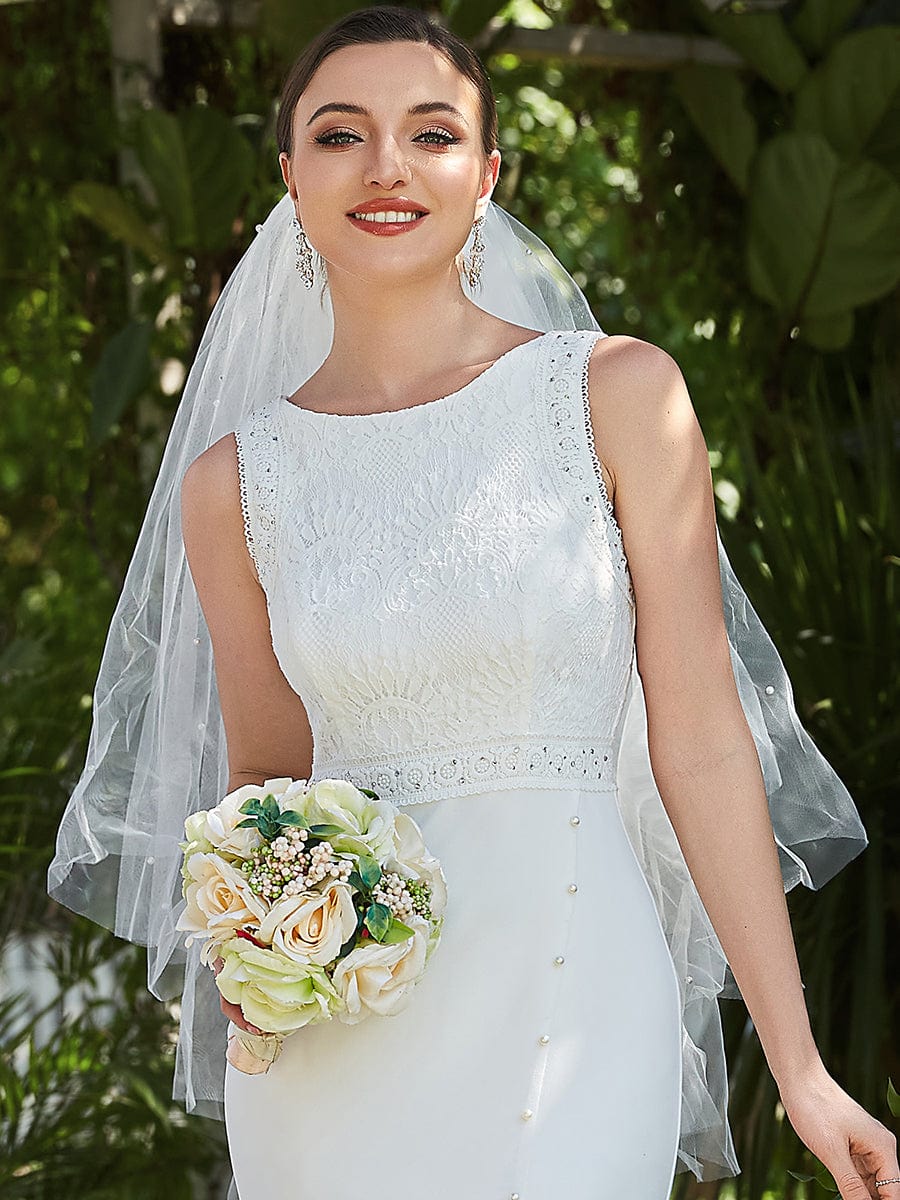 Sleeveless Floral Lace Round Neck Side Slit Fishtail Wedding Dress #color_White Sleeveless Floral Lace Round Neck Side Slit Fishtail Wedding Dress