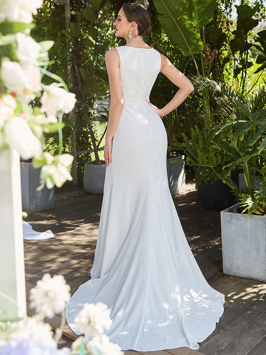Sleeveless Floral Lace Round Neck Side Slit Fishtail Wedding Dress #color_White Sleeveless Floral Lace Round Neck Side Slit Fishtail Wedding Dress