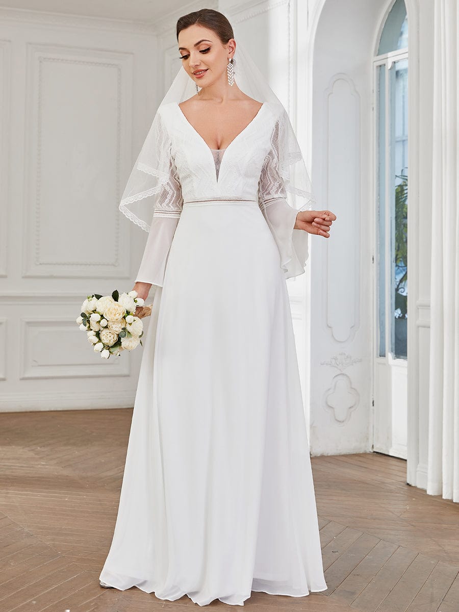 Vintage Style Chevron Lace Bell Sleeve A-Line Wedding Dress #Color_White Vintage Style Chevron Lace Bell Sleeve A-Line Wedding Dress