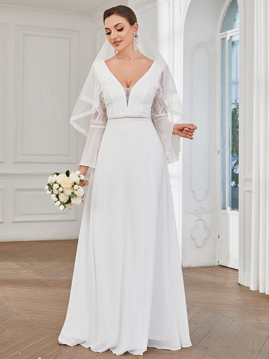 Vintage Style Chevron Lace Bell Sleeve A-Line Wedding Dress