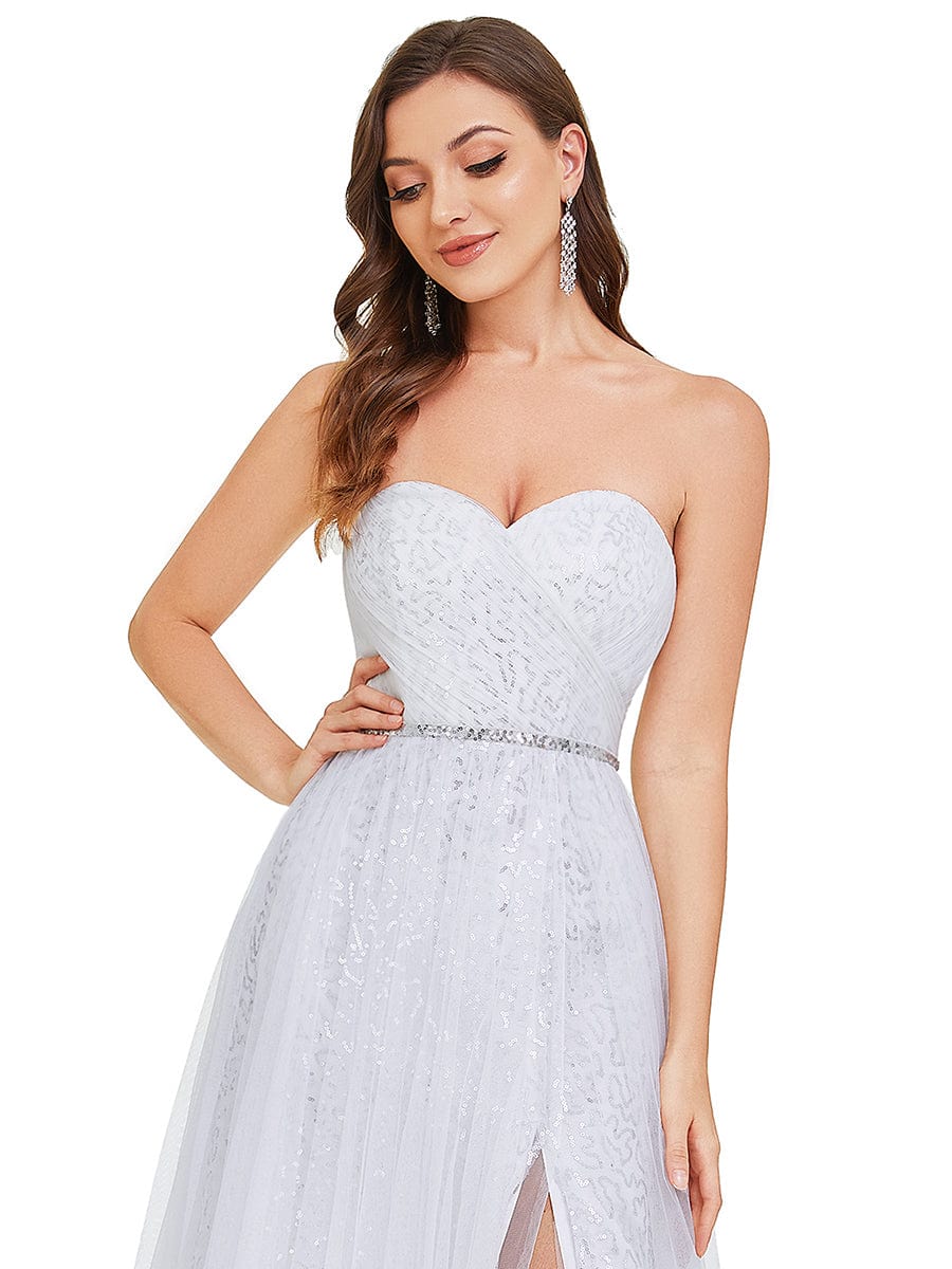 Lace Corset Back Sweetheart Sleeveless Side Slit Wedding Dress #color_White Lace Corset Back Sweetheart Sleeveless Side Slit Wedding Dress