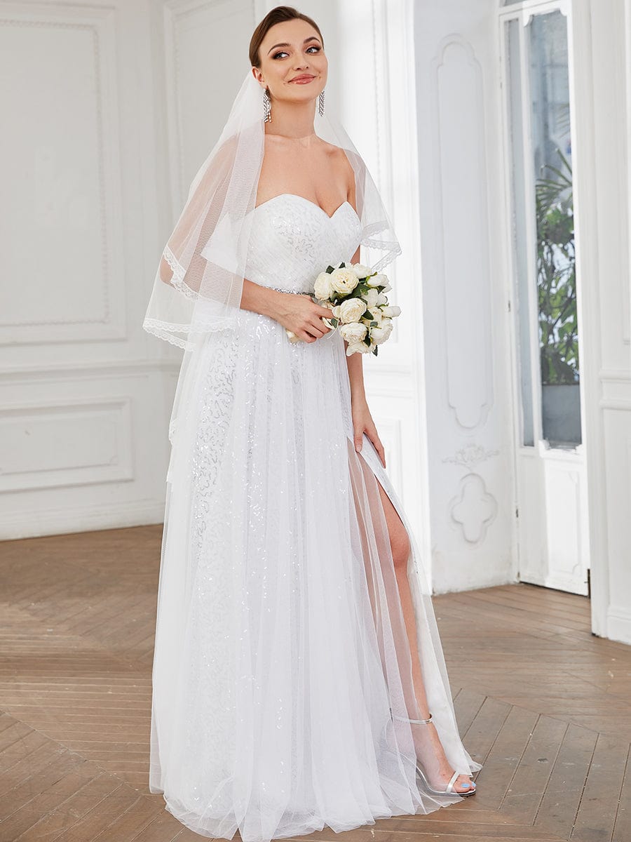 Lace Corset Back Sweetheart Sleeveless Side Slit Wedding Dress #color_White Lace Corset Back Sweetheart Sleeveless Side Slit Wedding Dress