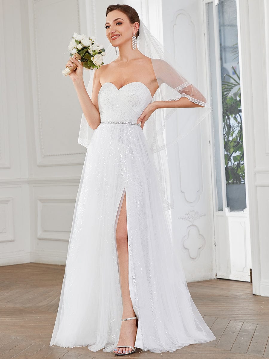 Lace Corset Back Sweetheart Sleeveless Side Slit Wedding Dress #color_White Lace Corset Back Sweetheart Sleeveless Side Slit Wedding Dress