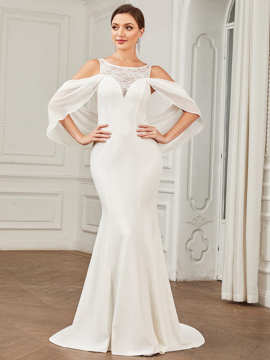 Chiffon Cold Shoulder Draped Sleeve Lace Fishtail Wedding Dress #Color_White Chiffon Cold Shoulder Draped Sleeve Lace Fishtail Wedding Dress