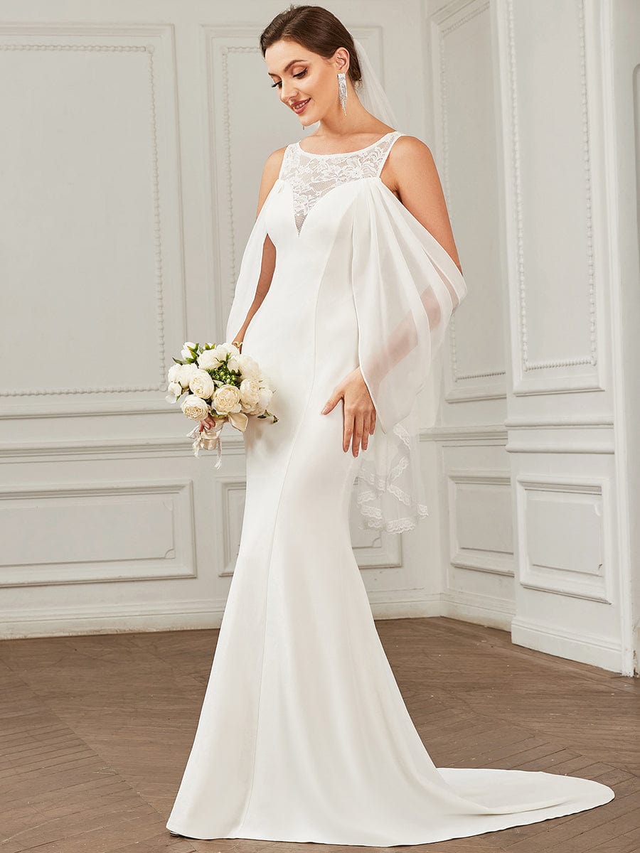 Chiffon Cold Shoulder Draped Sleeve Lace Fishtail Wedding Dress #Color_White Chiffon Cold Shoulder Draped Sleeve Lace Fishtail Wedding Dress