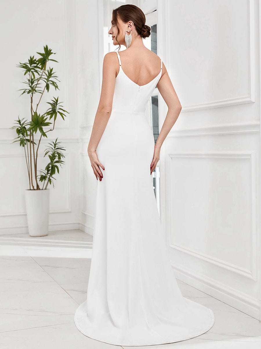 A-Line Lace Spaghetti Strap Front Slit Wedding Dress #Color_White A-Line Lace Spaghetti Strap Front Slit Wedding Dress