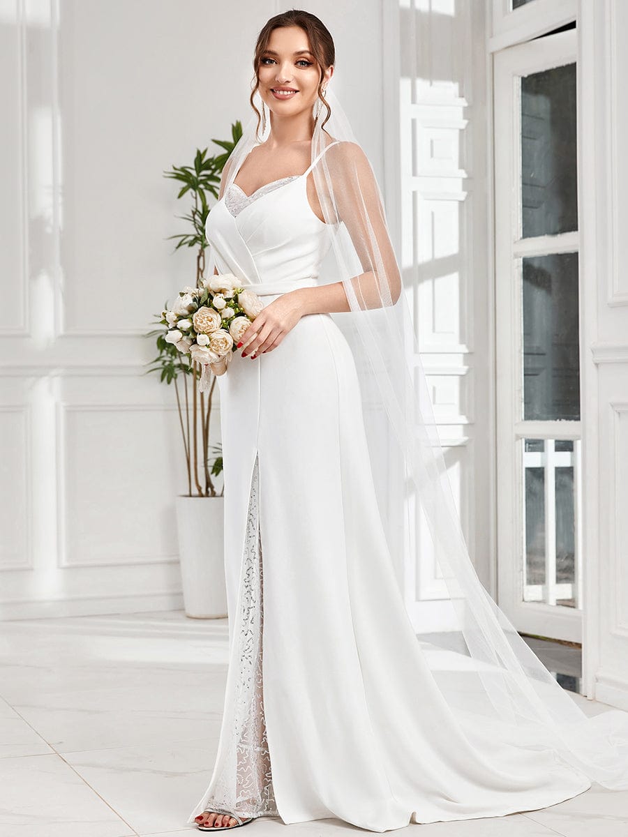 A-Line Lace Spaghetti Strap Front Slit Wedding Dress #Color_White A-Line Lace Spaghetti Strap Front Slit Wedding Dress