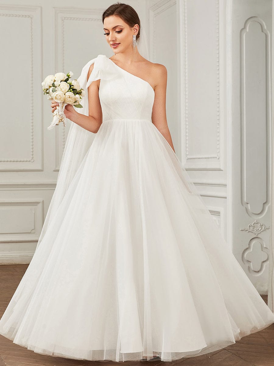 Tie Sleeve Asymmetrical Layered Tulle A-line Wedding Dress #Color_White
