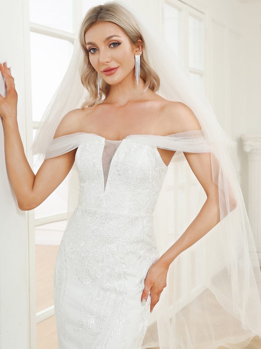 V-Neck Draped Sleeve Tulle Mermaid Lace Wedding Dress #Color_White V-Neck Draped Sleeve Tulle Mermaid Lace Wedding Dress