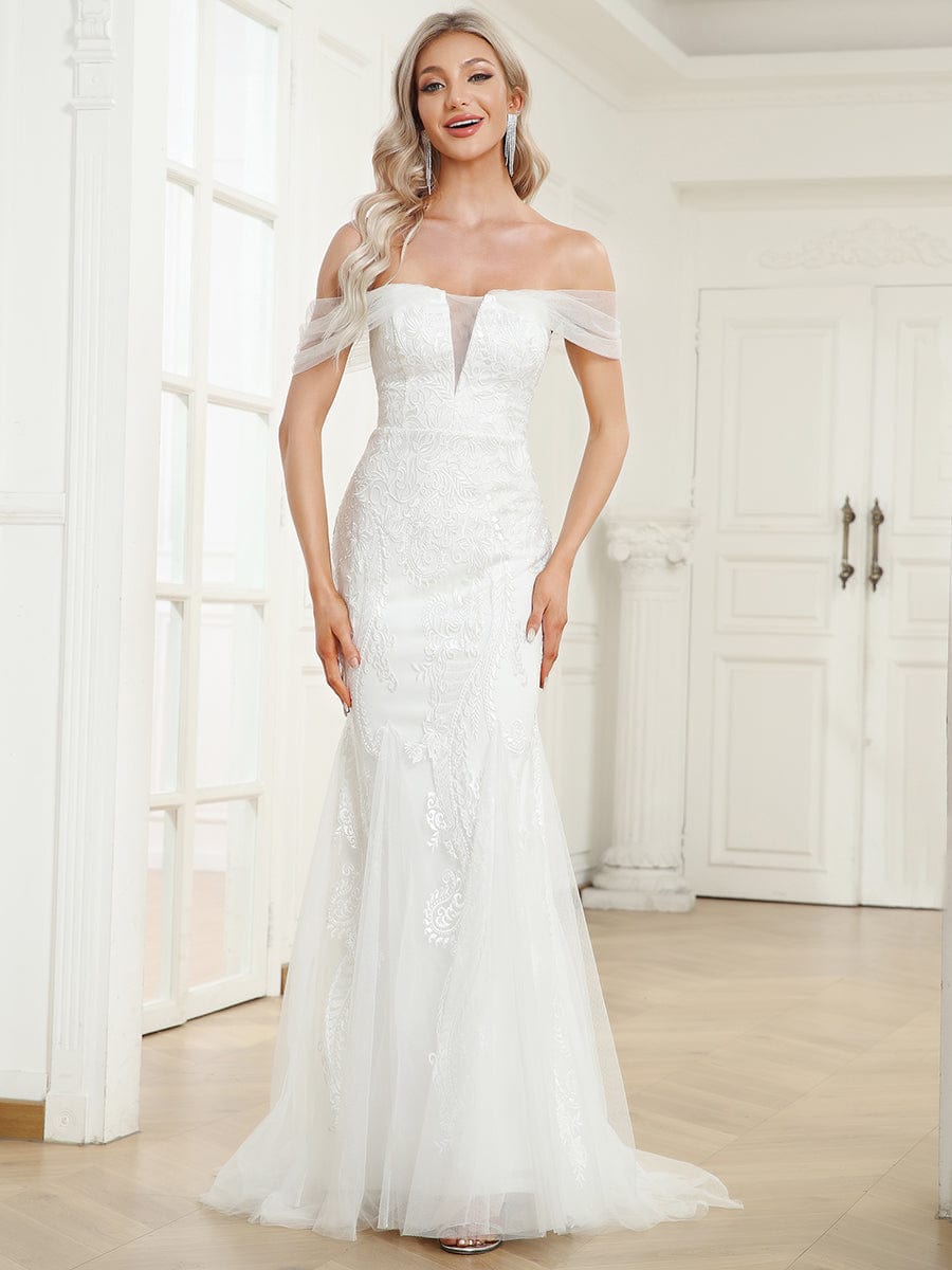 V-Neck Draped Sleeve Tulle Mermaid Lace Wedding Dress #Color_White V-Neck Draped Sleeve Tulle Mermaid Lace Wedding Dress