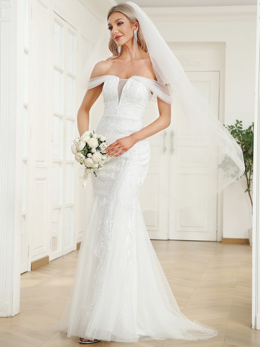 V-Neck Draped Sleeve Tulle Mermaid Lace Wedding Dress #Color_White V-Neck Draped Sleeve Tulle Mermaid Lace Wedding Dress