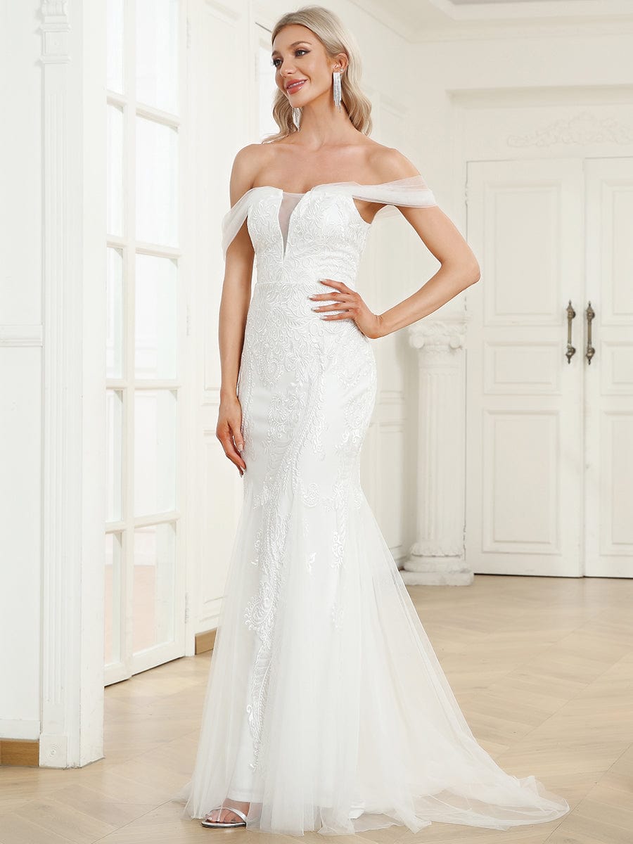 V-Neck Draped Sleeve Tulle Mermaid Lace Wedding Dress #Color_White V-Neck Draped Sleeve Tulle Mermaid Lace Wedding Dress