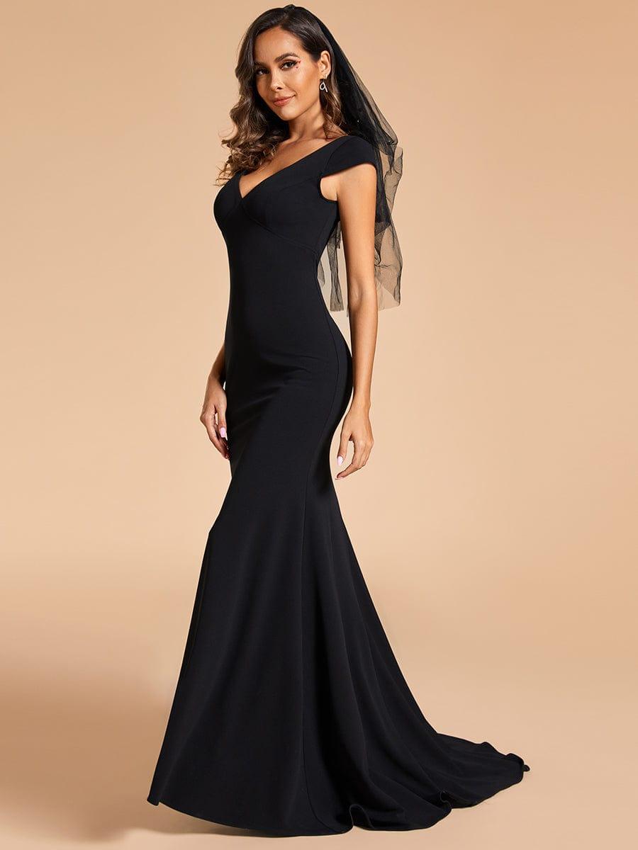 Cap Sleeve V-Neckline Lace Backless Wedding Dress #color_Black