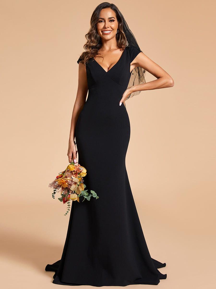 Cap Sleeve V-Neckline Lace Backless Wedding Dress #color_Black