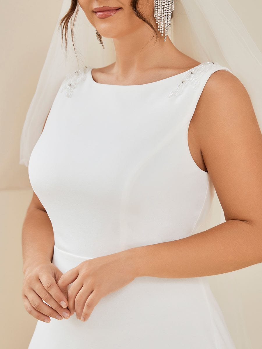 Plus Size Low Back High Neck Bodycon Fishtail Wedding Dress #color_White Plus Size Low Back High Neck Bodycon Fishtail Wedding Dress