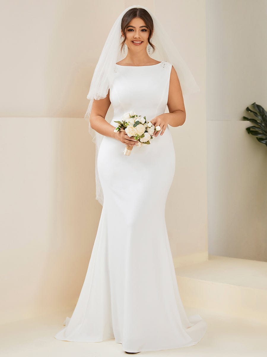 Plus Size Low Back High Neck Bodycon Fishtail Wedding Dress #color_White Plus Size Low Back High Neck Bodycon Fishtail Wedding Dress