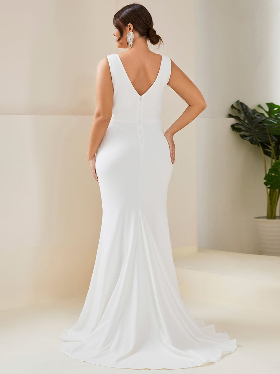 Plus Size Low Back High Neck Bodycon Fishtail Wedding Dress #color_White Plus Size Low Back High Neck Bodycon Fishtail Wedding Dress