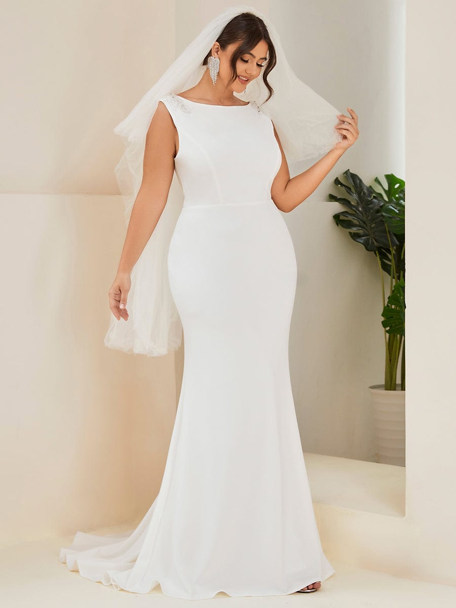 Plus Size Low Back High Neck Bodycon Fishtail Wedding Dress #color_White Plus Size Low Back High Neck Bodycon Fishtail Wedding Dress