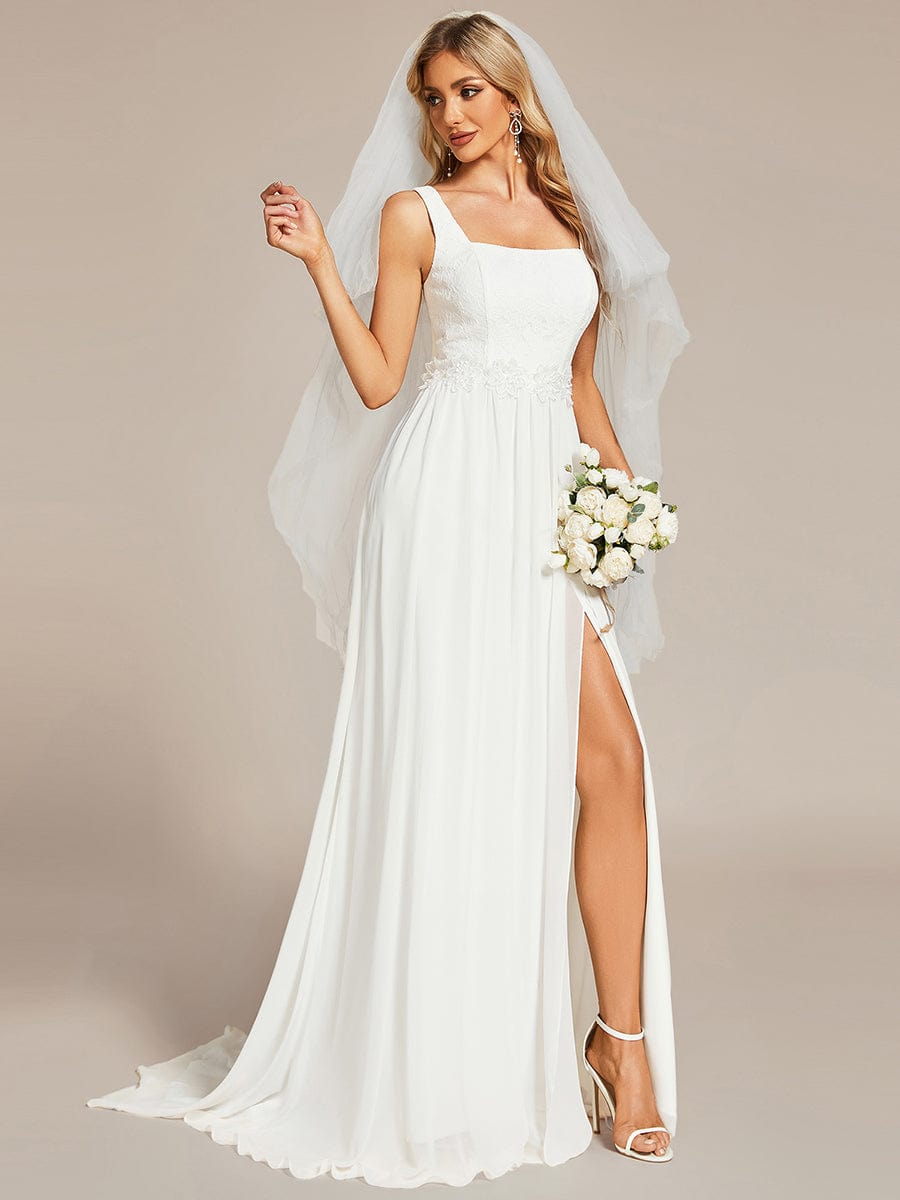 Minimalist Lace Applique Square Neckline Train Wedding Dress #color_White Minimalist Lace Applique Square Neckline Train Wedding Dress