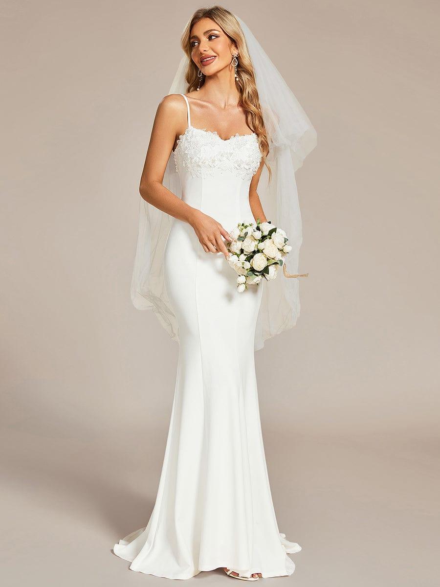 Elegant Lace Applique Mermaid Wedding Dress with Spaghetti Straps #color_White Elegant Lace Applique Mermaid Wedding Dress with Spaghetti Straps