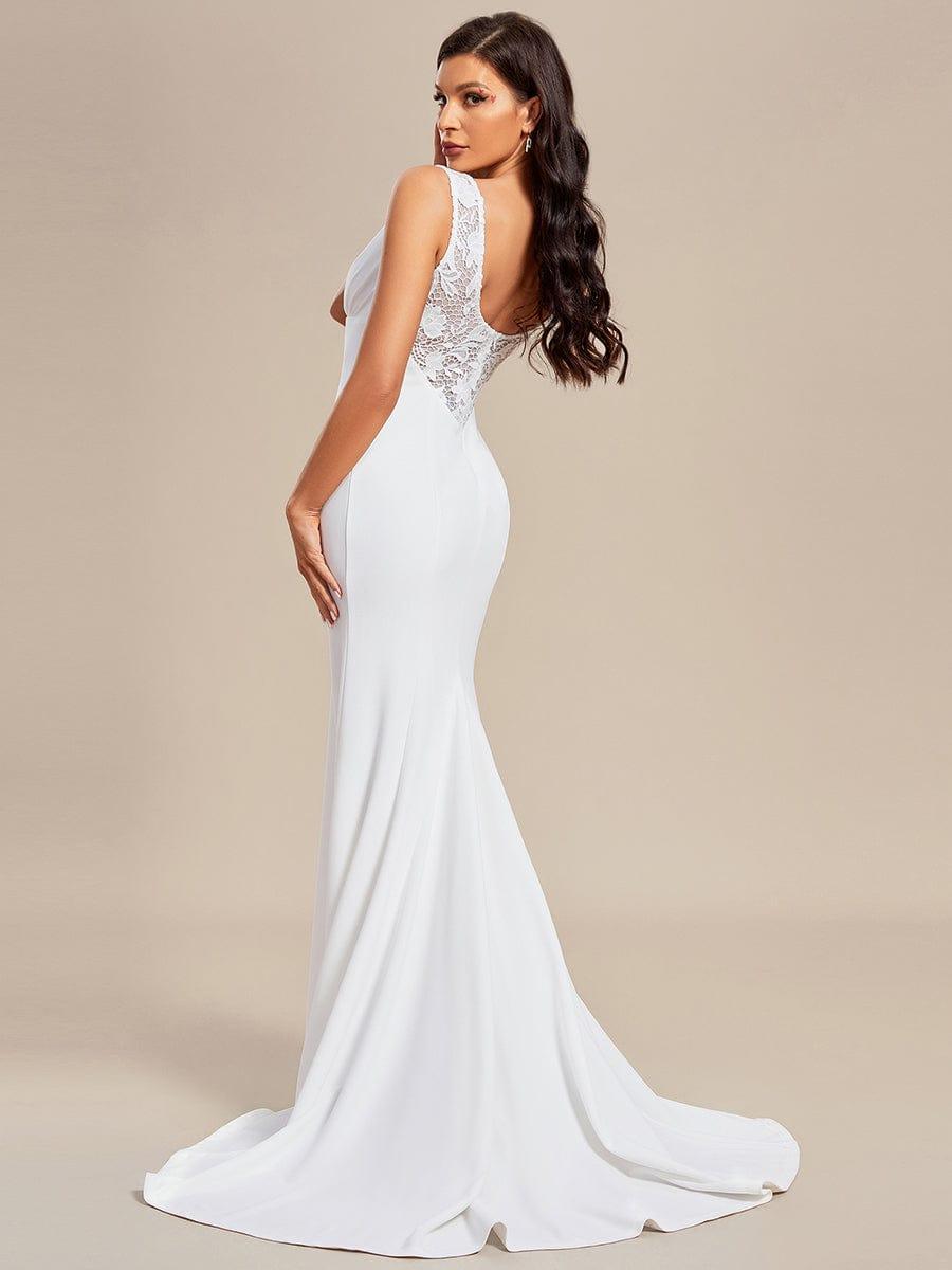 Deep V-Neck Sleeveless Embroidered Backless Mermaid Wedding Dress with Train #color_White Deep V-Neck Sleeveless Embroidered Backless Mermaid Wedding Dress with Train