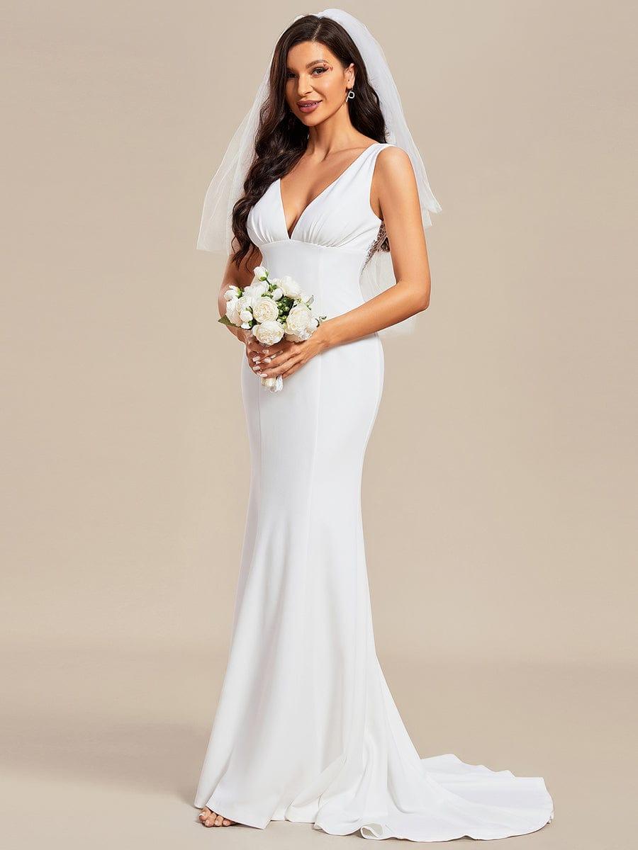 Deep V-Neck Sleeveless Embroidered Backless Mermaid Wedding Dress with Train #color_White Deep V-Neck Sleeveless Embroidered Backless Mermaid Wedding Dress with Train
