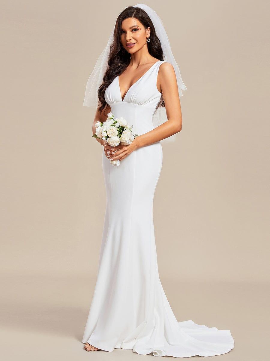 Deep V-Neck Sleeveless Embroidered Backless Mermaid Wedding Dress with Train