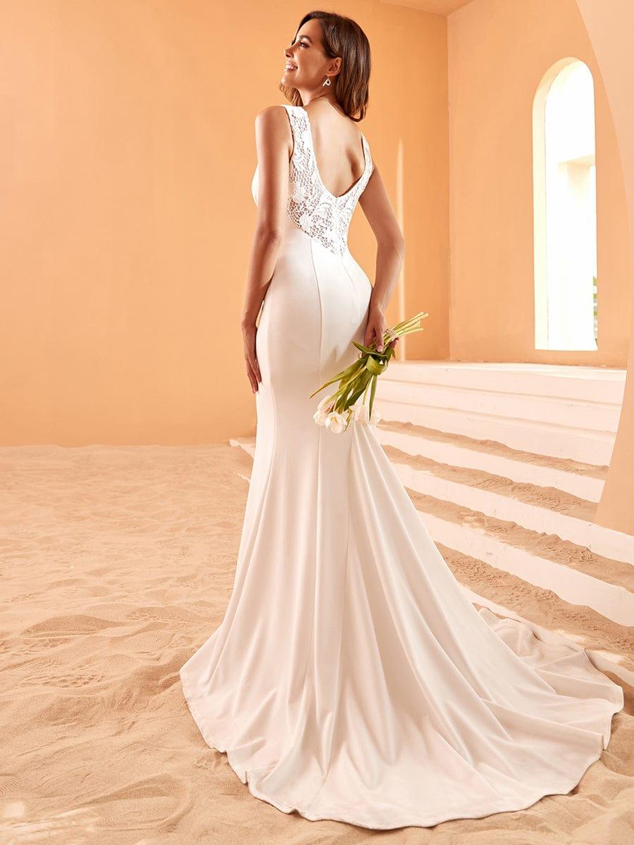 Deep V-Neck Sleeveless Embroidered Backless Mermaid Wedding Dress with Train #color_White Deep V-Neck Sleeveless Embroidered Backless Mermaid Wedding Dress with Train
