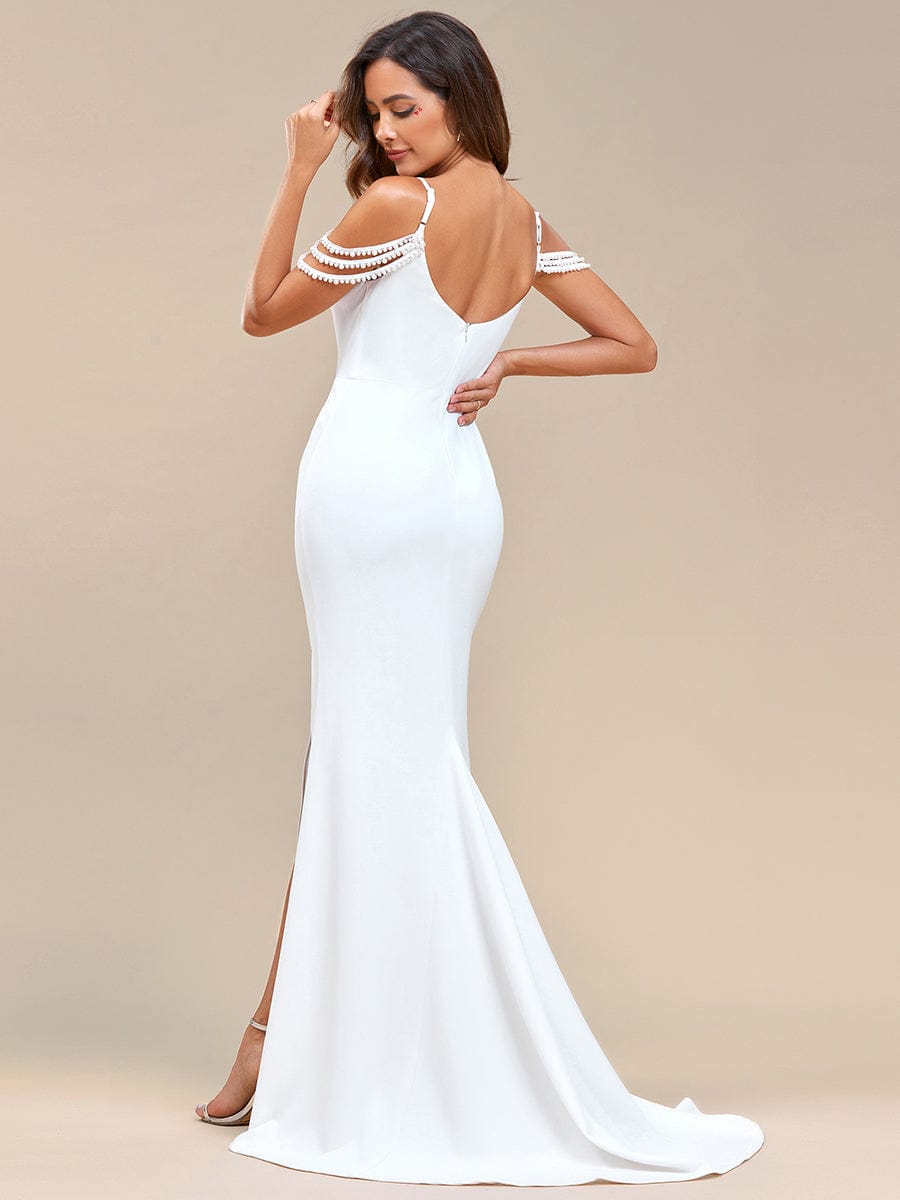 Simple Cold Shoulder Front Slit Pleated Mermaid Wedding Dress #color_White