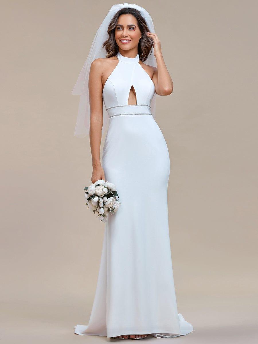 Sleeveless Halter Neck Backless Mermaid Wedding Dress #color_White Sleeveless Halter Neck Backless Mermaid Wedding Dress