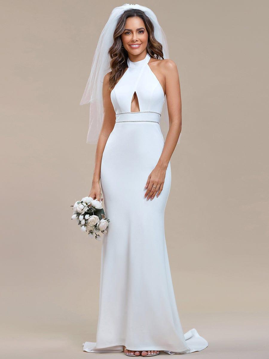 Sleeveless Halter Neck Backless Mermaid Wedding Dress #color_White Sleeveless Halter Neck Backless Mermaid Wedding Dress