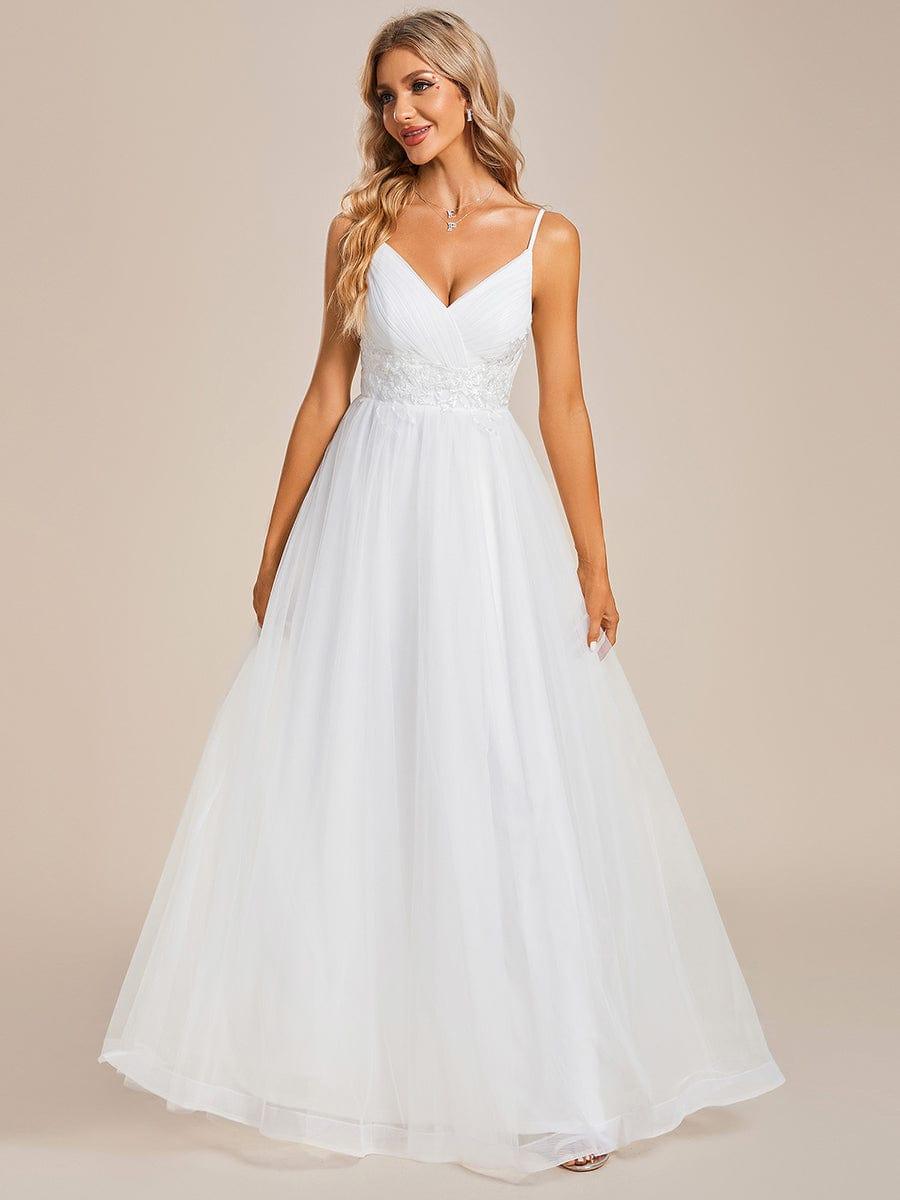Spaghetti Straps V-Neck Applique Wedding Dress #color_White