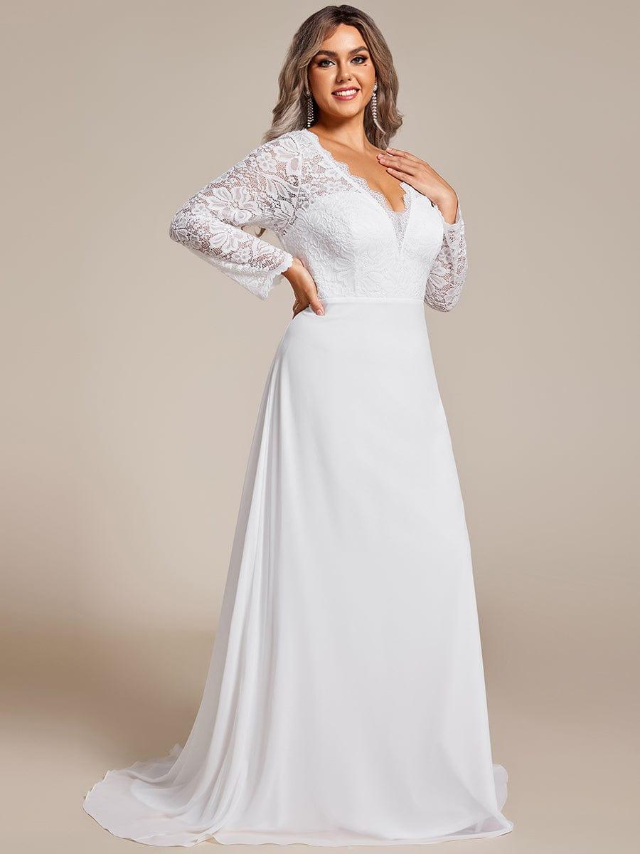 Plus Size Elegant Lace Chiffon Long Sleeves A-Line Wedding Dress #color_White